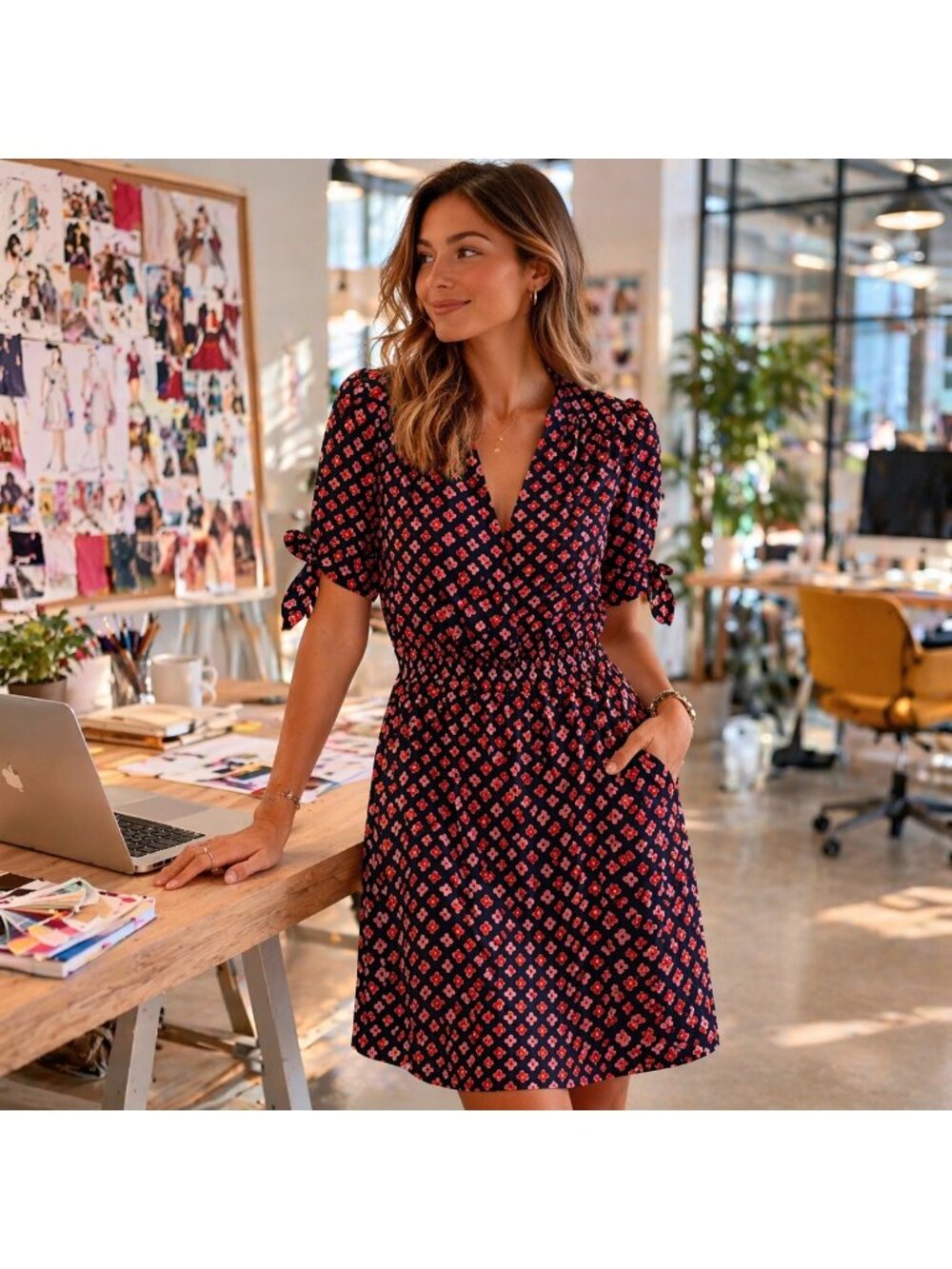 Trina Turk ASO The Today Show Navy & Pink Floral Printed Puff Sleeve Dress SZ 6